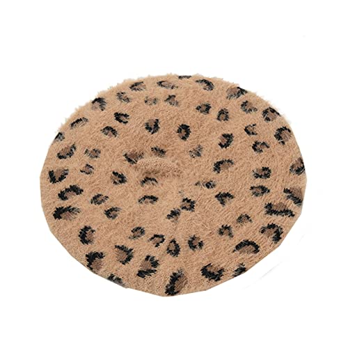 CHFYIJYHM Leopard Knitted Berets for Women Fashion Plush Fleece Painter Hat Stretch Winter Warm Hats Ladies Flat Hats