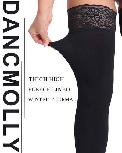 DancMolly Fleece Lined Thigh High Stockings Stay Up Warm Opaque Winter Tights Thermal Lace Top Fleece 8 Colors2