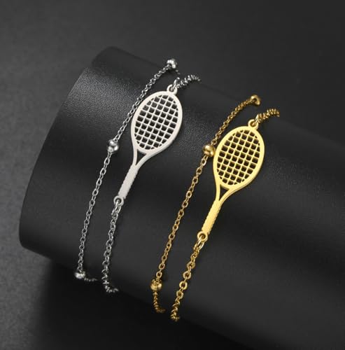 EUEAVAN Tennis Racket Bracelet Adjustable Racquet Competition Inspirational Charm Friendship Jewelry Tennis Sport Lover Fan Coaches Trendy Gifts for Women (layerd gold)