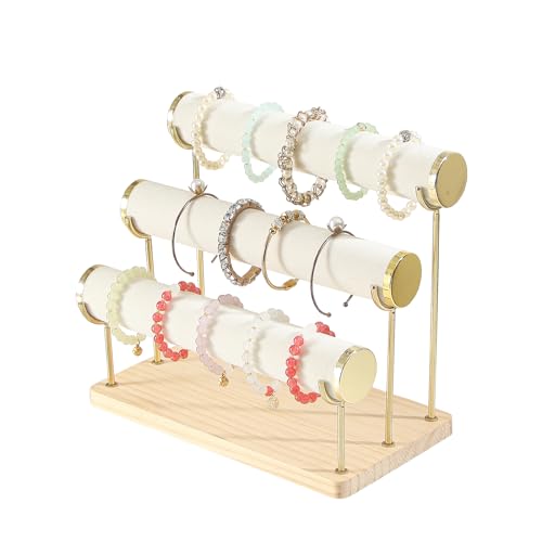 Coward Armreif-Halter abnehmbarer Armband-Display-Organizer T-Stangen-Holzbasis Armreif-Uhren-Haargummi-Schmuck-Aufbewahrungstürme für Schreibtisch oder Ladenverkauf (3-Ebenen)
