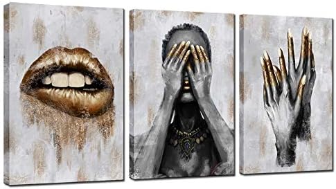 sechars 3 Panel African American Canvas Wall Art Black Woman with Golden Lip Nails Painting Prints for Bedroom Beauty Room Salon Decorations Fashion Grey and Gold Art Framed Ready to Hang