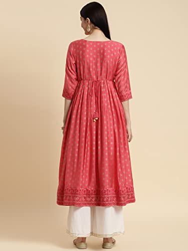 Image of rangita Women's Chanderi Relaxed Fit Flared Calf Length Printed Kurti | Kurta
