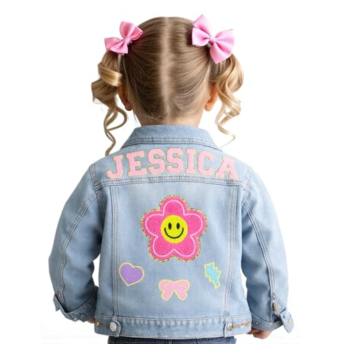 Personalized Kids Girls Boys Denim Jacket with Name,Brithday Gifts Patch Jean Jacket,Long Sleeve Button Down Outerwear for Girls Boys 1-13years