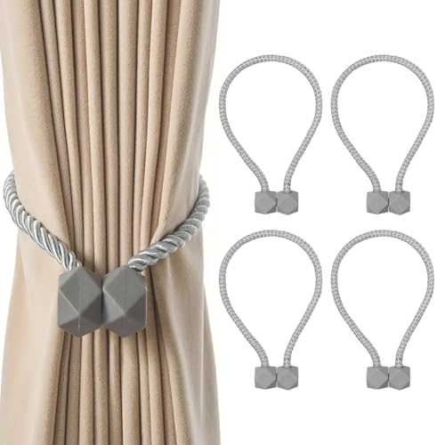 Image of TIED RIBBONS Set of 4 Magnetic Handmade Decorative Curtain Tiebacks Thicker (Grey, 18 Inch) - Twist Rope & Strong Tieback Window Holdbacks Draperies Holders Decorative for Sheer Drapes Indoor Outdoor