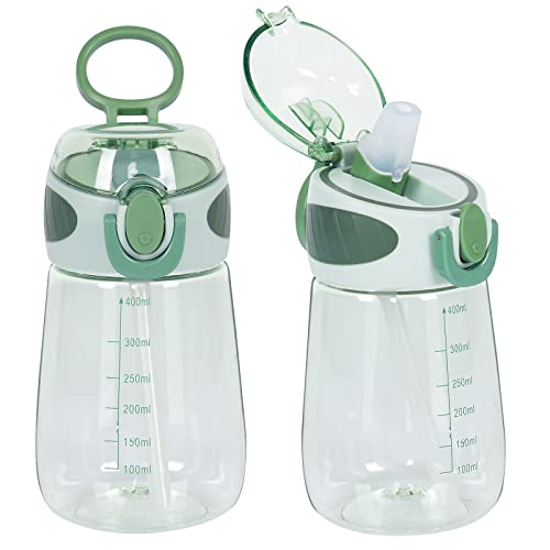 YOBOKO Water Bottle with Straw BPA Free Lightweight 14oz Water Drinking Bottle for Toddlers with Handle Wide Mouth Leak-Proof Cute Straw Bottle for Boys, Girls,Adults (Green)