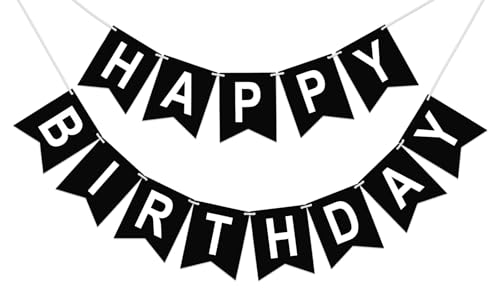 Happy Birthday Banner Birthday Party Banner NO DIY Happy Birthday Sign Pre-Strung Birthday Hanging Decoration for Women Men Girl Boy Party Supplies (Black and White)