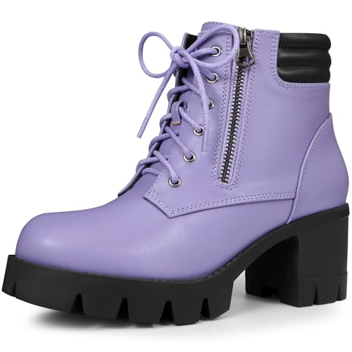 Allegra K Allegra K Women's Round Toe Chunky Heel Lace Up Zipper Light Purple Combat Boots 7 M US