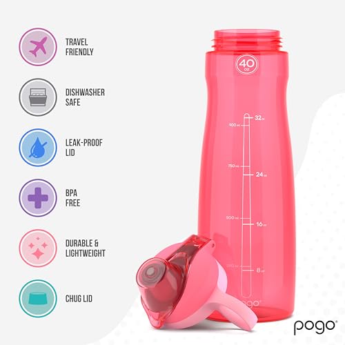 Image of Pogo BPA-Free Plastic Water Bottle with Chug Lid, Pink, 40 oz.
