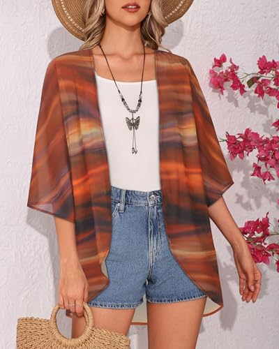Image of Women's Floral Print Puff Sleeve Kimono Cardigan Loose Cover Up Casual Blouse Tops 2026