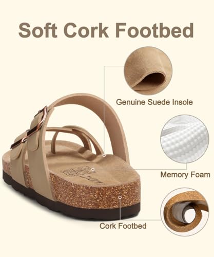 Image of KIDMI Women's Cork Footbed Sandals with Toe Loop, Comfortable Summer Slip-On Slides with Adjustable Buckle