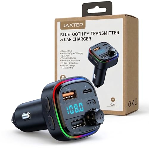 Image of Jaxter Bluetooth 5.3 FM Transmitter for Car with 20W Fast Charging USB-C Port, LED Screen, Hands-Free Call & Music Player Adapter (C26)
