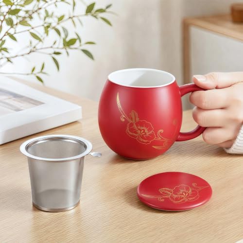 Image of Yundu 12 OZ Ceramic Mug with Lid & Tea Strainer - Matte Red Tea Cup with Golden Flower, Stainless Steel Infuser for Loose Leaf Tea