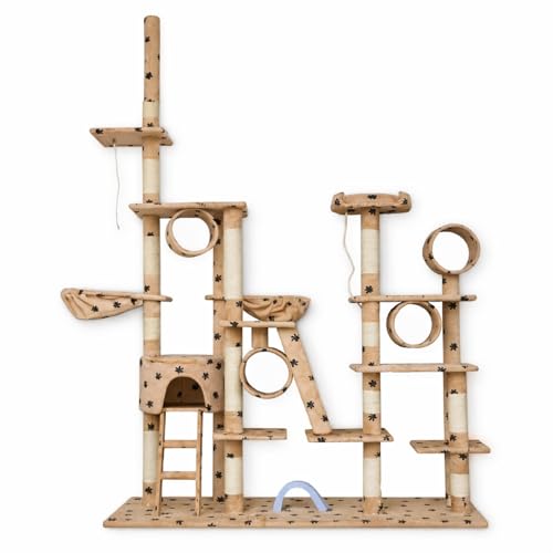QLS Kratzbaum für Katzen XXL 255 cm Hoch, Mehrere Plattformen, Katzenhaus, Tunnel, Hängematten, Sisalstämme, Stabil & Kippsicher für Große Katzen