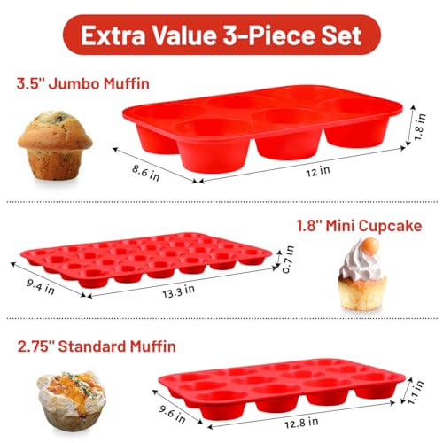 Image of CAKETIME Silicone Muffin Pan Set - Mini 24 Cups, Regular 12 Cups Cupcake Pan, Jumbo 6 Cups Muffin Pan Silicone Bakeware for Baking Set of 3