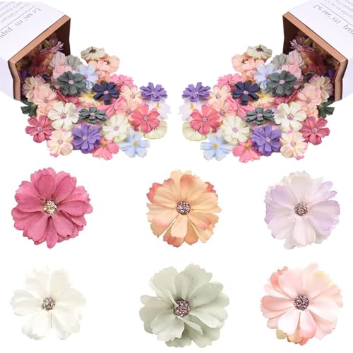 Ylinwtech 60PCs TelaDecoración Manualidad Cabezas de Flores Falsas,Flores Artificiales Mini Cabezas de Flores de Margarita,Tela Multicolor Cabezas De Flores Artificiales,adecuadas para Fiestas, DIY