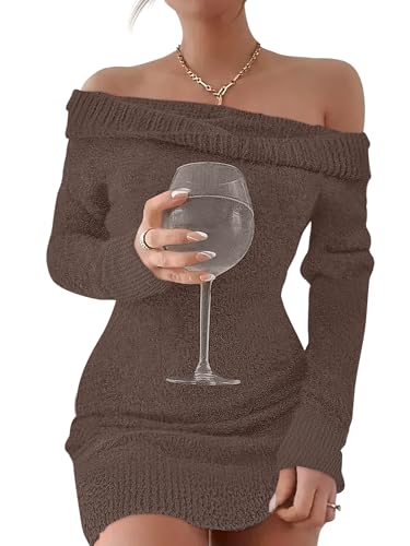 Caracilia Women's Off The Shoulder Sweater Mini Dress Long Sleeve Fuzzy Fleece Bodycon Cocktail Party 2025 Fall Short Dresses Large Coffee