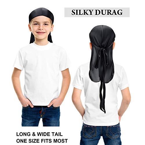 10 Pieces Kids Satin Silk Durag with Wave Caps Set Unisex Baby Durags 360 Wave Wide Strap Headwraps Long Tail Turban Beanies3