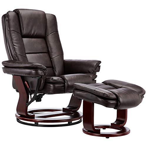 JC Home Contemporary Brown Leather Recliner and Ottoman with Swiveling Mahogany Wood Base