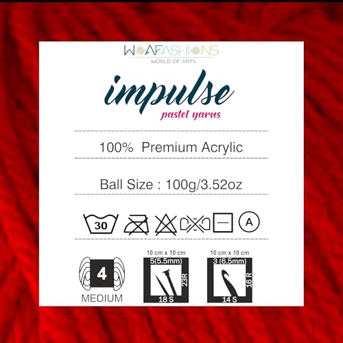 Image of WOAFashions Impulse Hand Knitting & Crochet Yarn, Premium Acrylic, 4 : Medium (Red) (2x100gms / 3.5oz / 200mtr / 218yds)