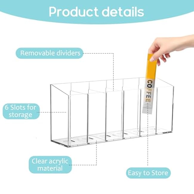 Qivine Drink Packet Organizer, Clear Water Drink Packet Holder, Acrylic Packet Organizer Pantry with 6 Compartments Removable Dividers for Table Refrigerator Cabinets Pantry (single)