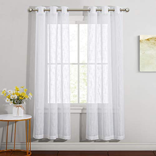 NICETOWN Linen Curtains White Semi Sheer 72 inch Long for Windows, Privacy with Light Filtering Grommet Top Window Treatments for Bedroom/Living Room,