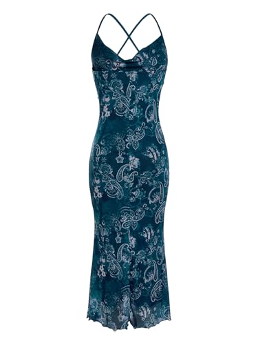 Image of SOLY HUX Women's Floral Mesh Bodycon Cami Dress Cowl Neck Sleeveless Cocktail Party Wedding Guest Long Maxi Dresses