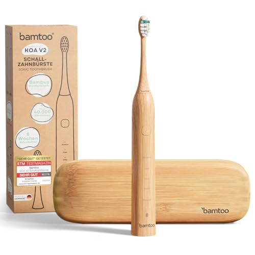 Schallzahnbürste KOA V2 Pro - elektrische Zahnbürste mit über 8 Wochen Akkulaufzeit & 5 Reinigungsmodi - inkl. Bambus-Bürstenkopf Reiseetui & Smart-Timer - 2 Jahre Garantie - bamtoo