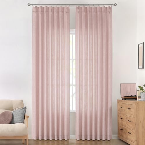 Image of Vision Home Pink Pinch Pleated Semi Sheer Curtains for Girls Bedroom Living Room Textured Light Filtering Window Curtains 120 inch Rayon Blended Pinch Pleat Pink Drapes with Hooks 2 Panels 40 inchWx120 inchL