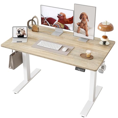 TIQLAB-Electric-Height-Adjustable-Standing-Desk-472236-inch-Sit-Stand-Desk-with-Splice-Board-Memory-Controller-White-Frame-Maple-Top-Computer-Workstation-for-Home-Office TIQLAB Electric Height Adjustable Standing Desk 47.2×23.6 inch, Sit Stand Desk with Splice Board, Memory Controller, White Frame & Maple Top Computer Workstation for Home Office - Image 1