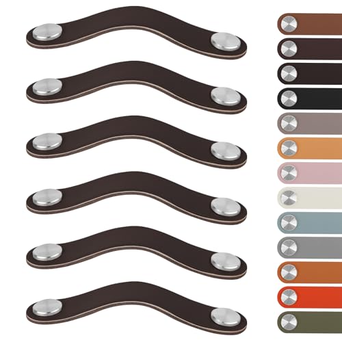 LEREATI 6 Stück Ledergriffe für Möbel, Schrankgriffe Kunstleder Schubladen Knöpfe Möbelgriffe, Möbelgriff Kunstleder für Küchenschränke Komode Tür (für 96mm Lochabstand, Silber + Dunkelbraun)