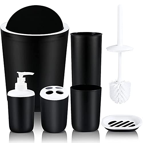 BSSN Black Bathroom Accessories Complete Set,6 Piece Morden Decor-Toothbrush Holder,Mouthwash Cup,Soap Dispenser,Soap Dish,Toilet Brush Holder,Trash Can,for Decorative Countertop and Housewarming Gift
