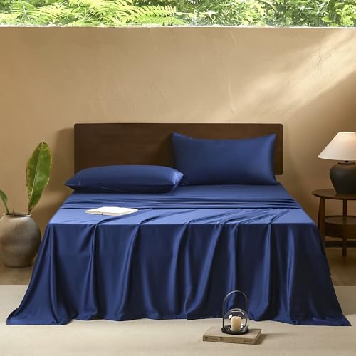 Image of EVERLY Queen Sheets Set,Luxuriously 400 Thread Count Organic Viscose Derived from Bamboo Bed Sheet,Cooling Sheets for Queen Size 4 Piece Deep Pockets Bedding Sheets &Pillowcases-Navy Blue