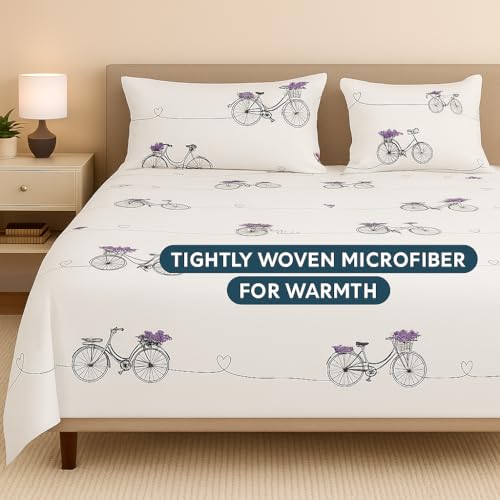 Image of Cottingtone Lane Double Bed Sheet - Soft Microfiber Bedding with City Bicycle Design | Comfortable, Durable & Easy to Maintain for Home, Hotel, and Guest House
