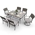 Pamapic 7 Piece Patio Dining Set for 6,Wicker Outdoor Furniture Set for Backyard Garden Deck Poolside with Iron Slats Table Top,4 Dining Chairs and 2 Swivel Rockers,Removable Cushions(Gray)