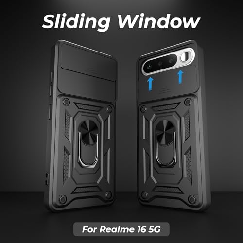 Image of Casodon Shockproof Back Case Cover for Realme 16 5G, Shockproof Realme 16 Back Cover, Ring Case with Kickstand and Camera Protection Shutter - Black