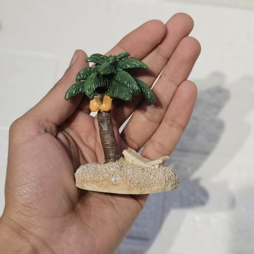 Image of Miniature Coconut Palm Tree with Beach Base, Garden Decor, Doll House Accessories, Miniature Garden Decoration, 8cm (Green Palm Tree)