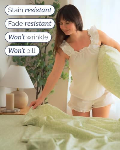 Image of Twin XL 3 Piece Floral Sheet Set - Breathable & Cooling - Mint Garden Bloom | 1 Flat, 1 Fitted & 1 Pillowcase w / Deep Pockets, Boho Botanical Floral Bedding, Breathable & Cooling, Wrinkle & Fade Free