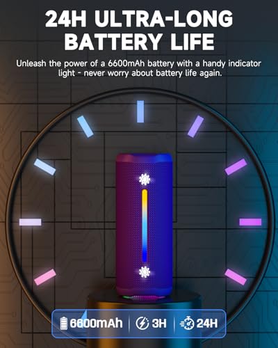 Image of OHAYO Bluetooth Speaker, Portable Wireless, IPX7 Waterproof, Powerful 25W Sound, 24H Playtime, Dual Pairing, Active Bass, Colorful Lights, Bluetooth 5.3, Outdoor Speakers for Home /Party /Beach, Purple