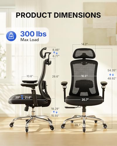 Image of HUANUO Ergonomic Office Chair with 6D Armrest, Seat Depth Adjustment, Lumbar Support, Quiet Rubber Caster, High Back Mesh Gaming Chair with 3D Headrest, Big and Tall Chair for Home Office, Pack of 6