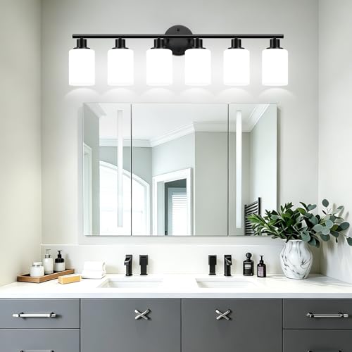 Image of Zarbitta 6-Light Bathroom Light Fixtures, Black Modern Vanity Lights with Milky White Frosted Glass Shades, Bathroom Wall Lamp, for Mirror, Living Room, Kitchen, Hallway, Cabinet, Porch