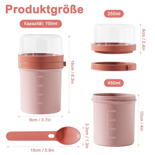 Swkien Müslibecher to go, Joghurtbecher to go 450ml+250ml, Auslaufsicherer Müsli Becher für Müsli & Joghurt, Joghurt Becher mit Löffel… – Ansicht 3