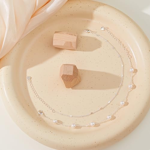 Poxtex Pearl Ankle Bracelets For Women, 925 Sliver Plated Anklets For Women Waterproof thumb #6