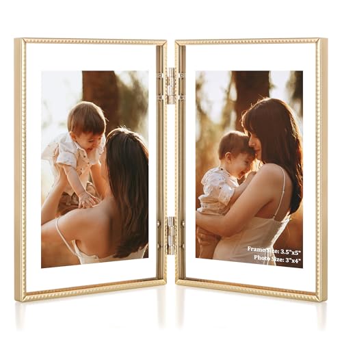 RICHFOCUS 3.5x5 Double Floating Picture Frame Floating Display for 2x3 Hinged Folding Beaded Metal Picture Frames with Real Glass Tabletop Photo Frame for Multiple Size for Home Decor Gold