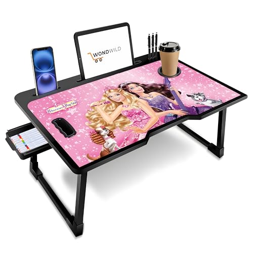 Image of WONDWILD Premium Foldable Wooden Mini Laptop Table for Bed, Study Table with Drawer, Tablet /Mobile Holder for Kids & Adults (BB COTTED)