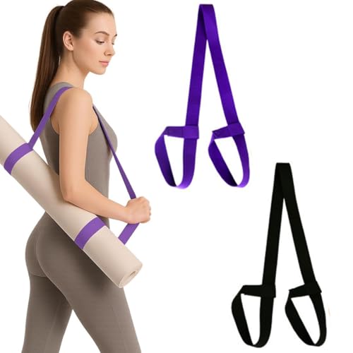 JYNVO 2pcs Correa para Esterilla de Yoga,Ajustable Algodón Cinta de Yoga,correas para esterilla de yoga,negro y morado,talla única,para Pilates,Estiramientos y Fitness