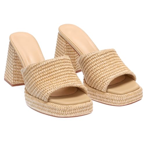 Raffia Platform Heels for Women – Chunky Block Heel Wedge Sandals, Open Square Toe Slip On Summer Beach Vacation Sandals2
