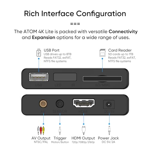 NEUMI Atom 4K Lite Ultra-HD Digital Media Player for USB Drives and SD Cards – Plays 4K/UHD Videos, HEVC/H.265, HDMI and Analog AV, Automatic Playback, Looping, Trigger Capability