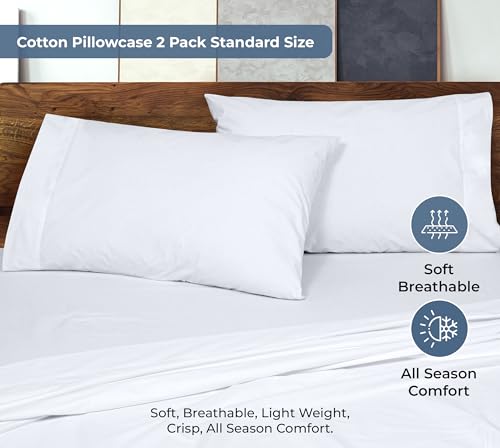 Image of ROYALE LINENS 100% Organic Cotton Percale Pillowcases Set of 2 - Standard Size Percale Pillowcase - Standard Set of 2 Pillow Cover - Breathable, Cool & Crisp White Pillow Cases (20 inchx26 inch, White)