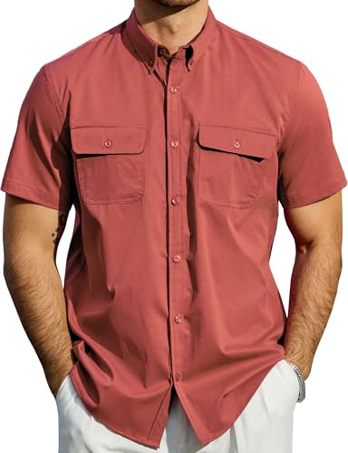 JOGAL Mens Button Down Short Sleeve Shirt Regular Fit Button Up Work Shirts with Two Pockets Brick Red X-Large