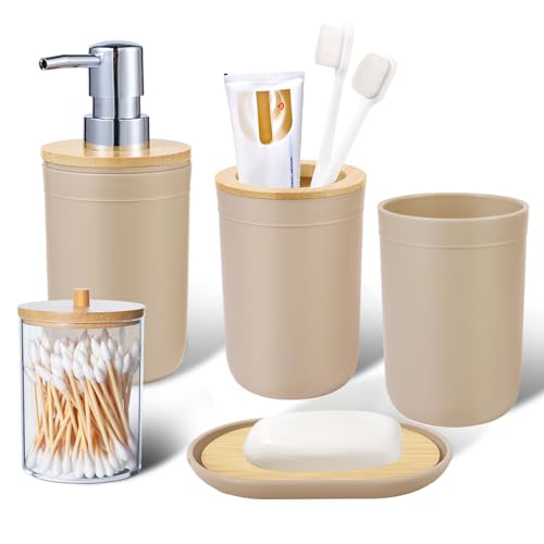 iMucci Bathroom Accessories Set 5Piece Beige Bathroom Sets, Toothbrush Holder, Toothbrush Cup, Lotion Soap Dispenser, Soap Dish and Qtip Holder Bathroom Decor